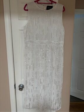 Mac Duggal White Beaded Dress with Sequined Embellishment